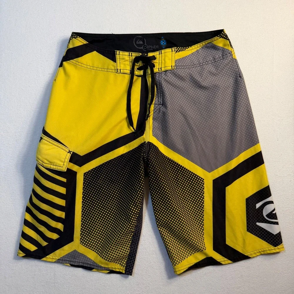 Quiksilver Cypher Series Board Shorts Mens 32 Yellow Black Geometric Swim Trunks